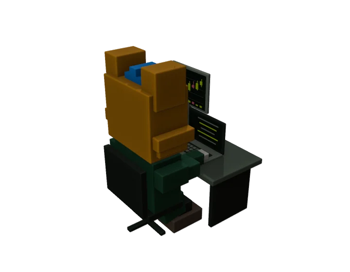 Ginger cat broker typing at a desk with a candlestick monitor